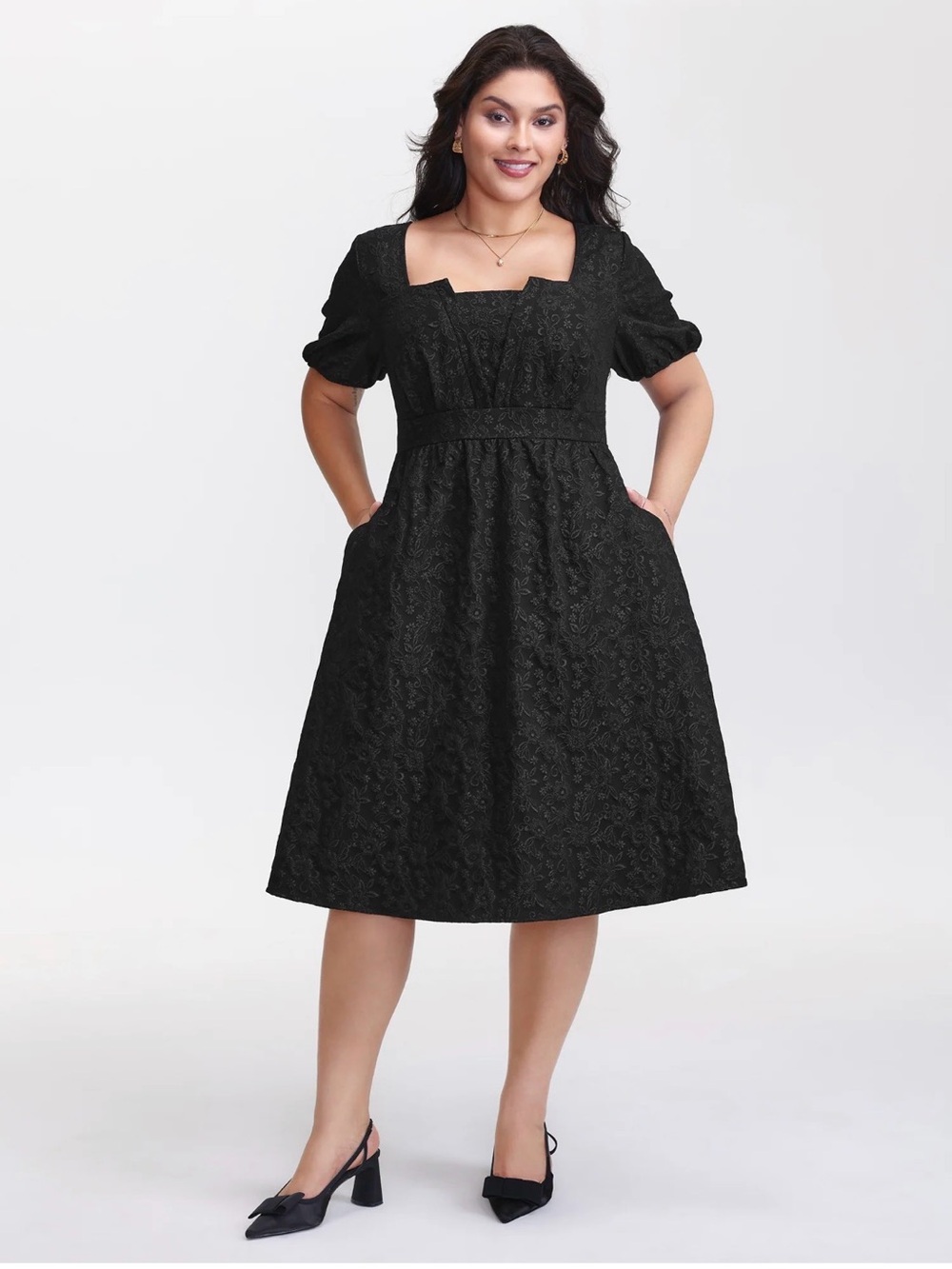 BloomChic Black Square-Neck Midi Dress with Puffed Sleeves and Waistband